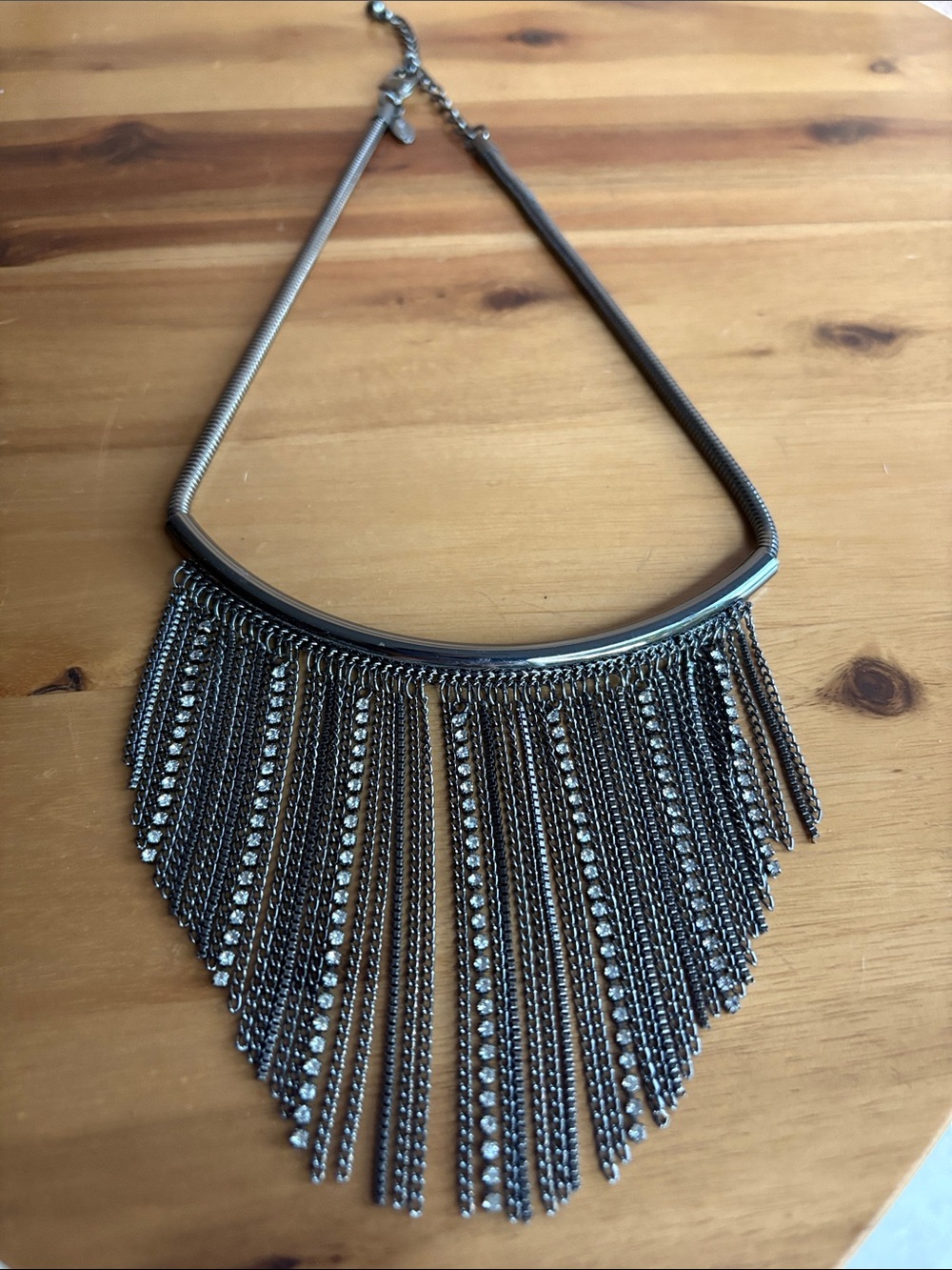 Chico's Gunmetal Fringe Bib Necklace with Rhinestone Strands